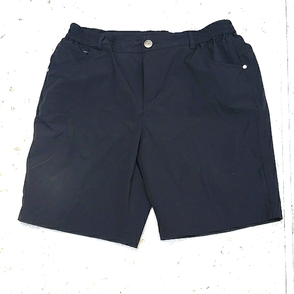 Meier black nylon utility shorts.